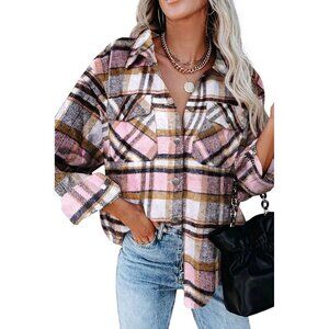 Women Pink Collared V Neck Button Down Oversized Long Sleeve Shirt Top